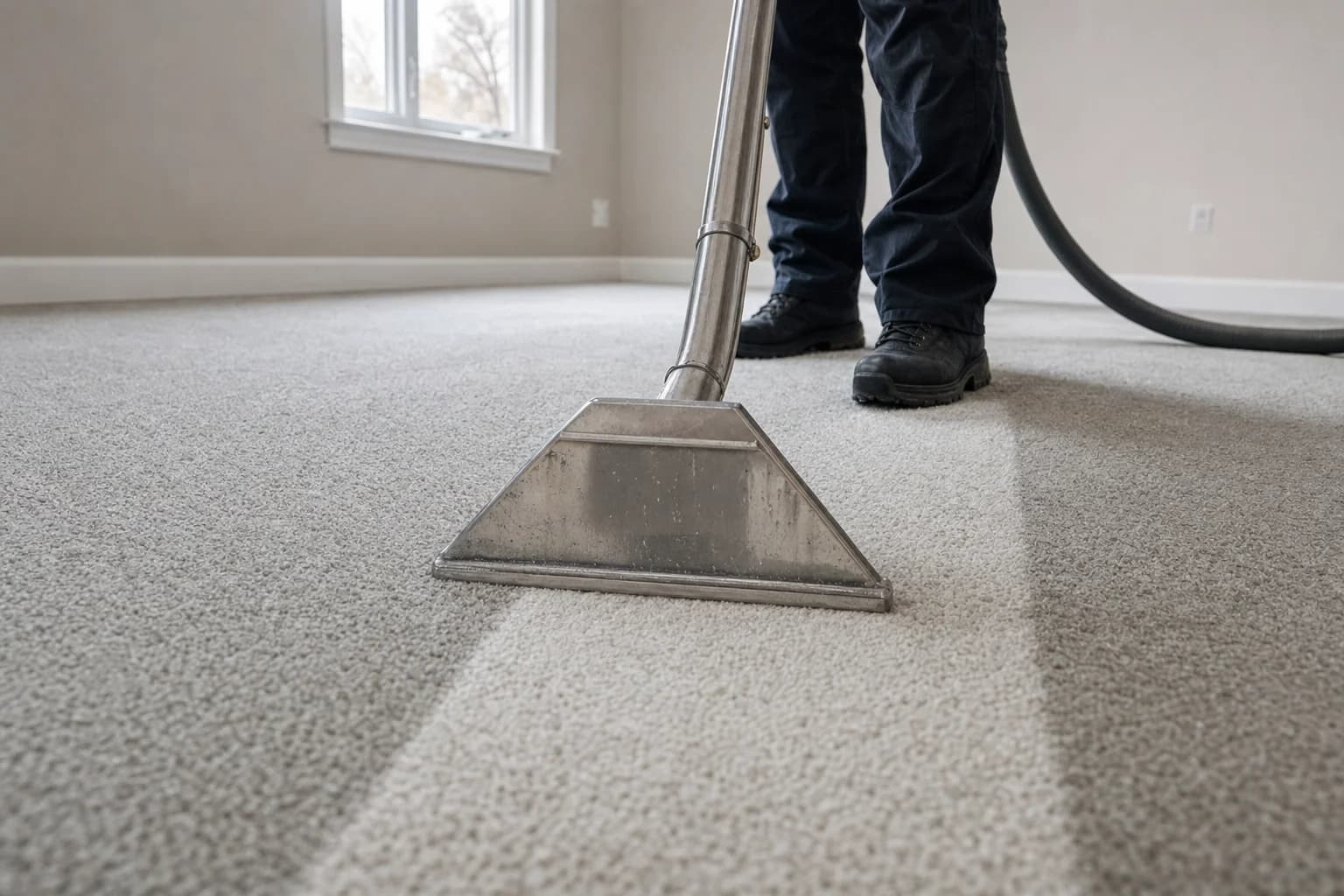 A carpet extractor drawing a clean stripe through pale carpet