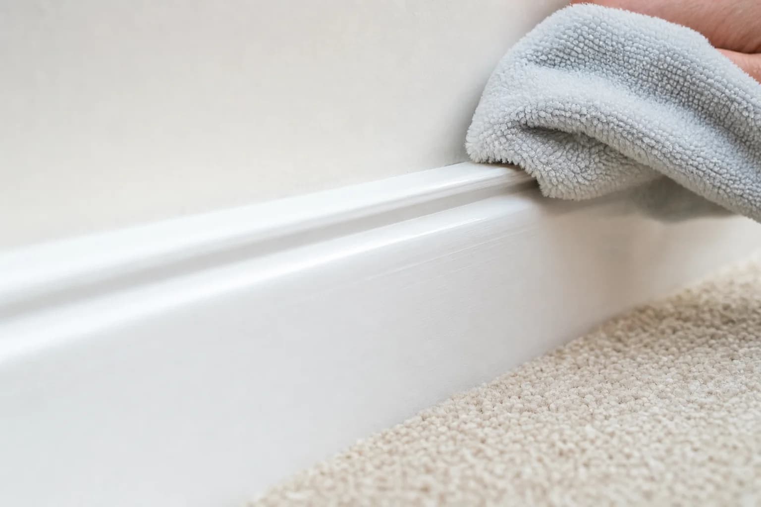 A cloth wiping along the top of a skirting board
