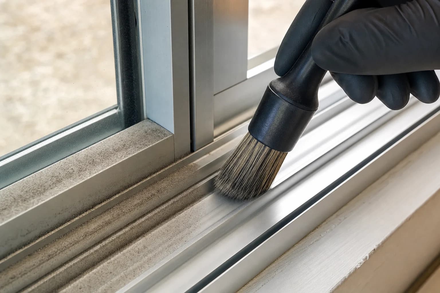 A window track being cleaned with a detail brush